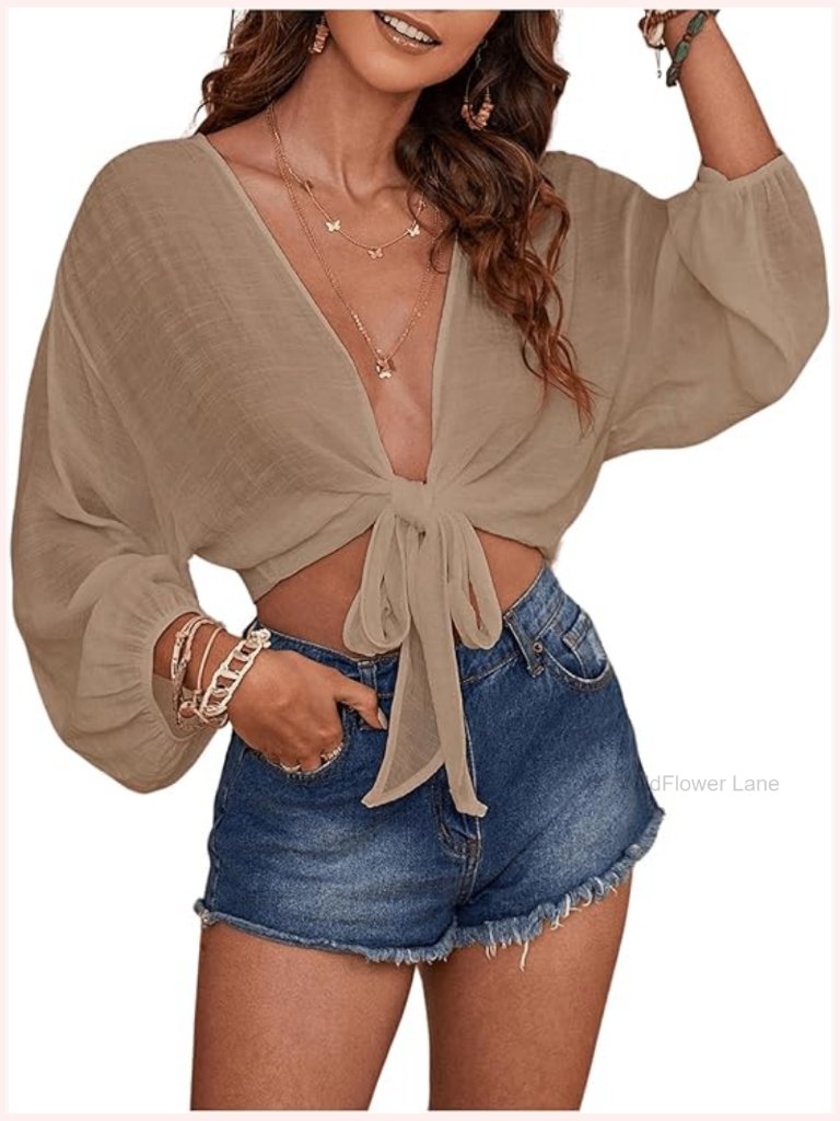 Boho Tie Front Sheer Lantern Long Sleeve Blouse Crop Top Swim Cover Up